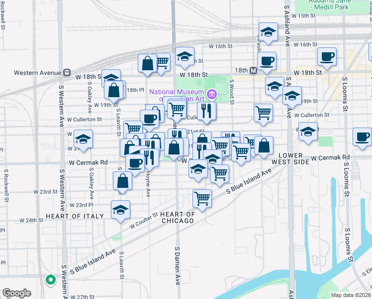 map of restaurants, bars, coffee shops, grocery stores, and more near 1941 West 21st Place in Chicago