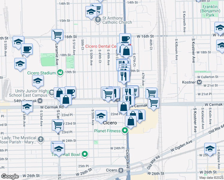 map of restaurants, bars, coffee shops, grocery stores, and more near 2100 South 49th Avenue in Cicero