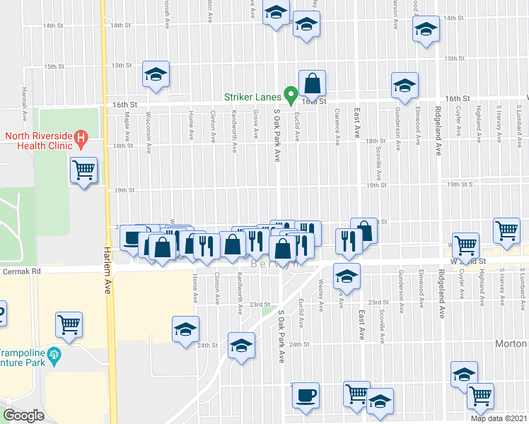 map of restaurants, bars, coffee shops, grocery stores, and more near 1928 Grove Avenue in Berwyn