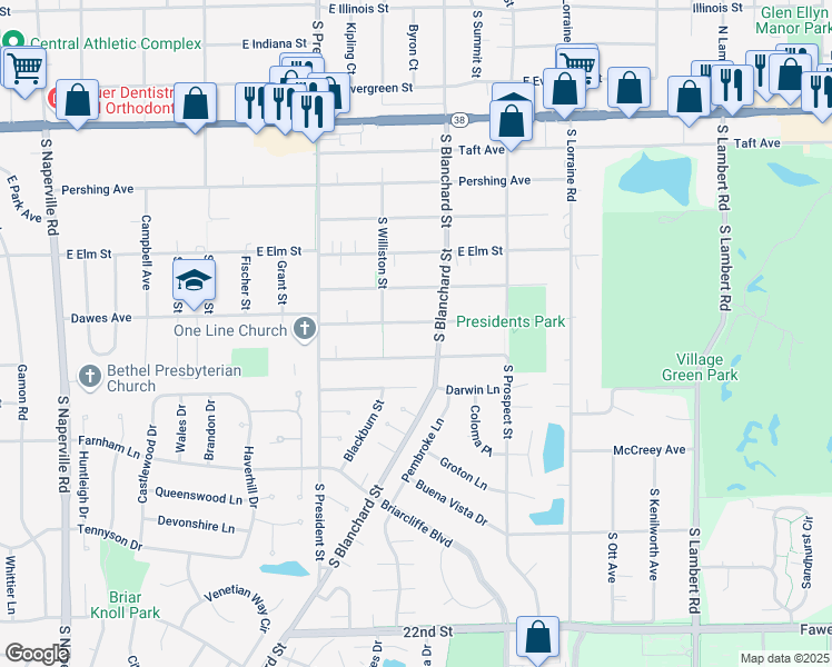 map of restaurants, bars, coffee shops, grocery stores, and more near 1304 South Blanchard Street in Wheaton