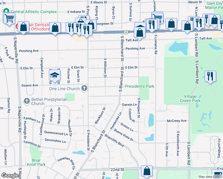 map of restaurants, bars, coffee shops, grocery stores, and more near 1210 Dawes Avenue in Wheaton