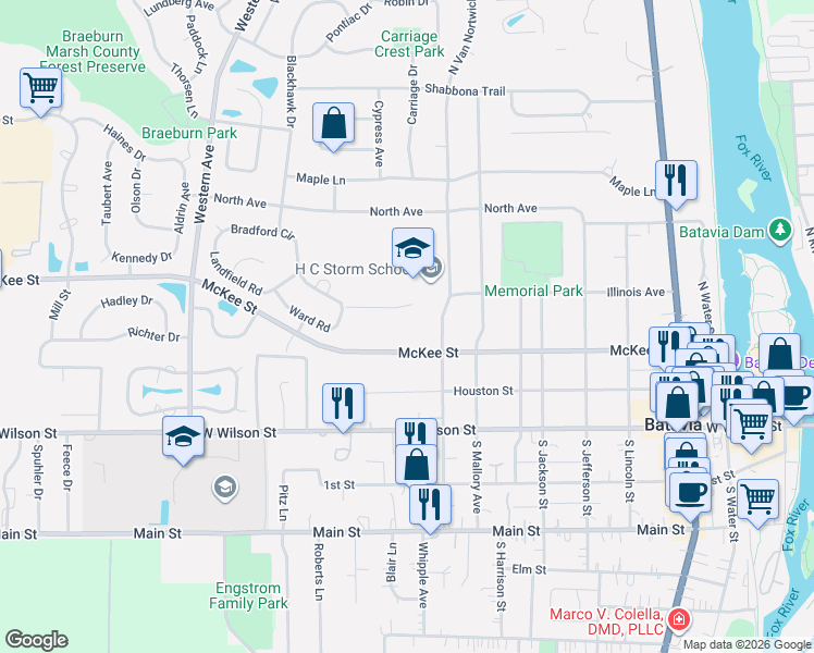 map of restaurants, bars, coffee shops, grocery stores, and more near 305 North Van Nortwick Avenue in Batavia