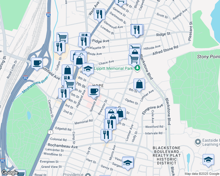 map of restaurants, bars, coffee shops, grocery stores, and more near 136 8th Street in Providence