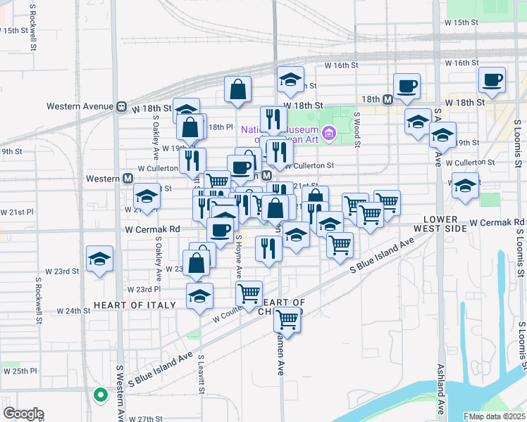 map of restaurants, bars, coffee shops, grocery stores, and more near 2021 West 21st Place in Chicago