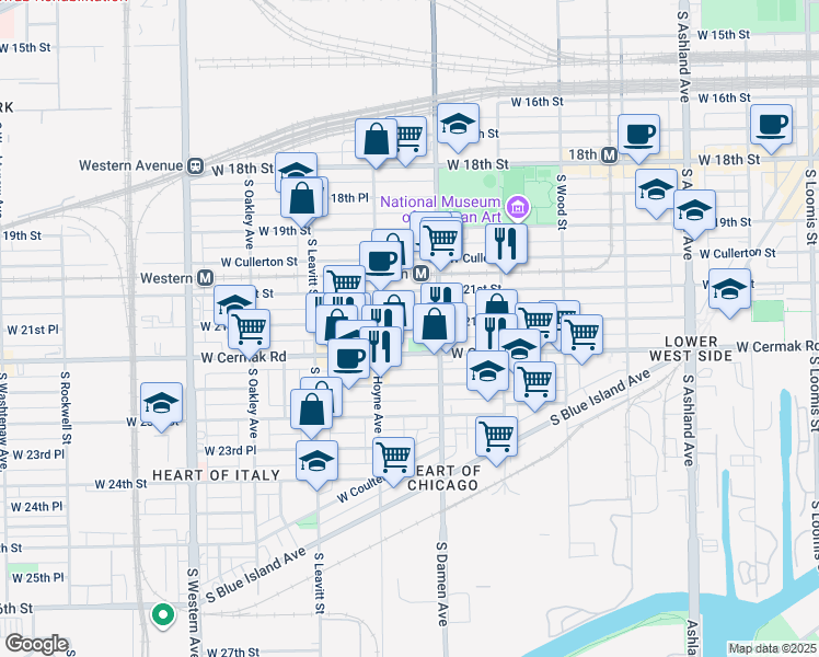 map of restaurants, bars, coffee shops, grocery stores, and more near 2015 West 21st Place in Chicago
