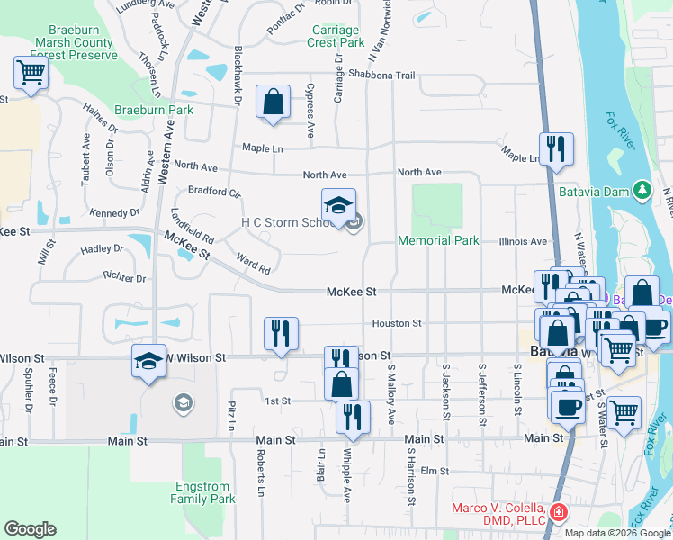 map of restaurants, bars, coffee shops, grocery stores, and more near 305 North Van Nortwick Avenue in Batavia