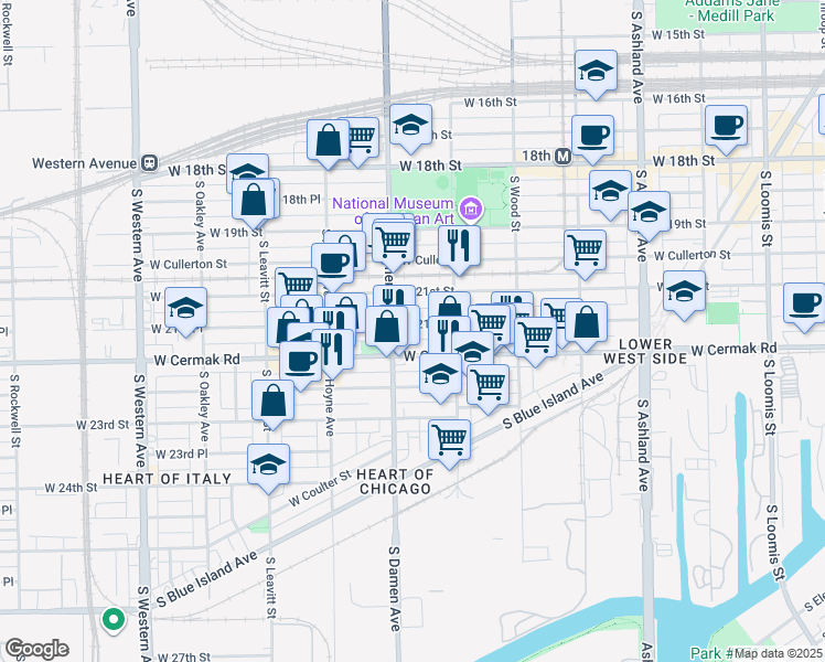 map of restaurants, bars, coffee shops, grocery stores, and more near 1941 West 21st Place in Chicago