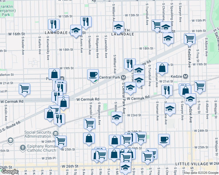 map of restaurants, bars, coffee shops, grocery stores, and more near 2123 S Lawndale Ave in Chicago