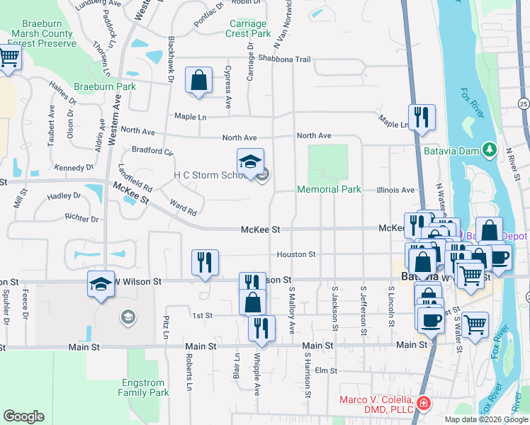 map of restaurants, bars, coffee shops, grocery stores, and more near 228 North Van Nortwick Avenue in Batavia