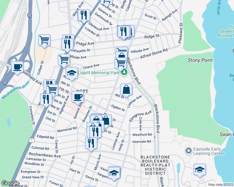 map of restaurants, bars, coffee shops, grocery stores, and more near 210 8th Street in Providence