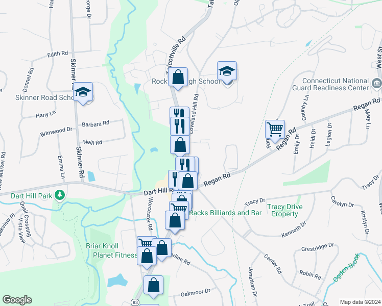 map of restaurants, bars, coffee shops, grocery stores, and more near 566 Talcottville Road in Vernon