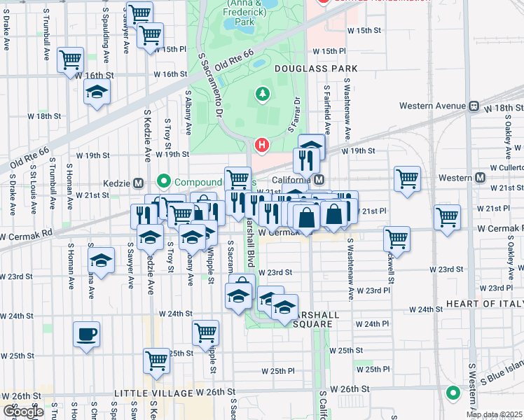 map of restaurants, bars, coffee shops, grocery stores, and more near 2117 South Marshall Boulevard in Chicago