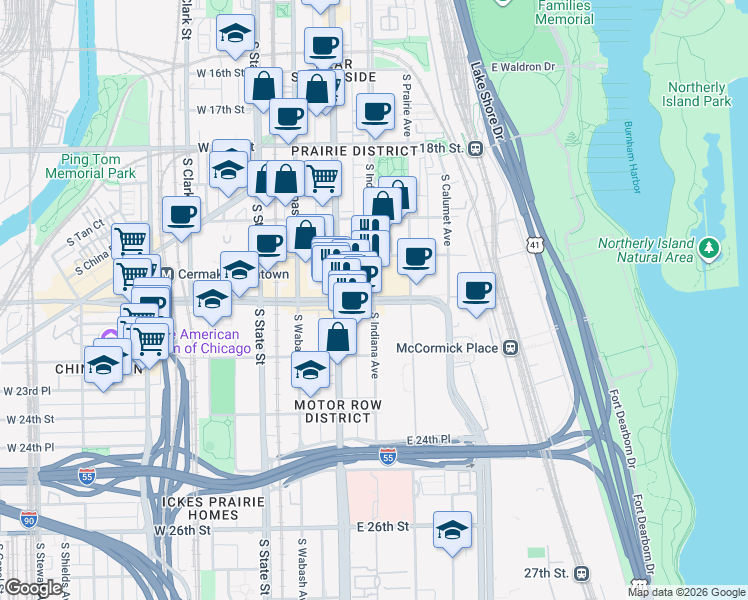 map of restaurants, bars, coffee shops, grocery stores, and more near 2158 South Indiana Avenue in Chicago