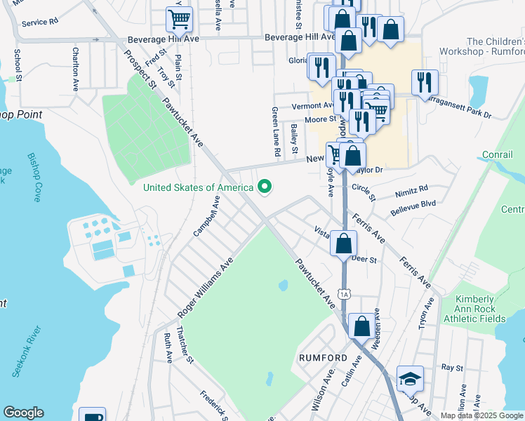 map of restaurants, bars, coffee shops, grocery stores, and more near 256 Pawtucket Avenue in East Providence