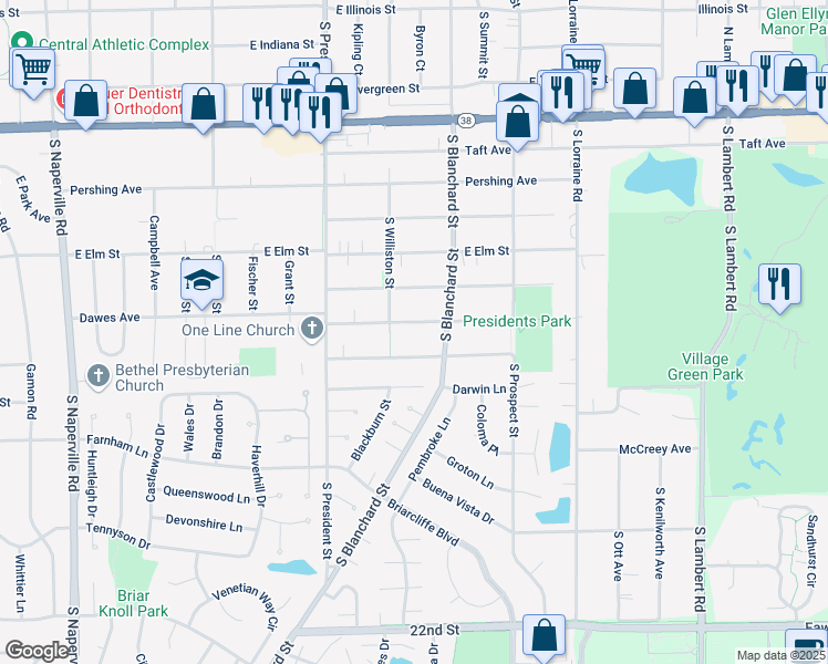 map of restaurants, bars, coffee shops, grocery stores, and more near 1210 Dawes Avenue in Wheaton