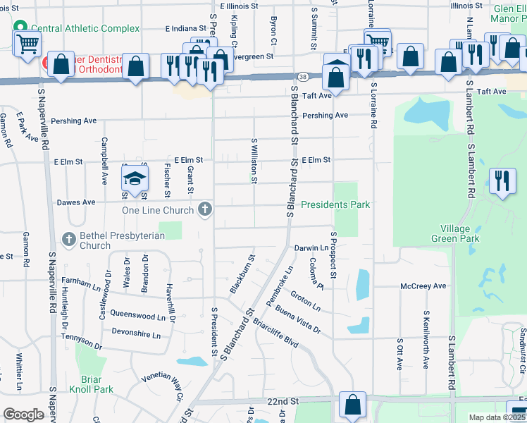 map of restaurants, bars, coffee shops, grocery stores, and more near 1210 Dawes Avenue in Wheaton