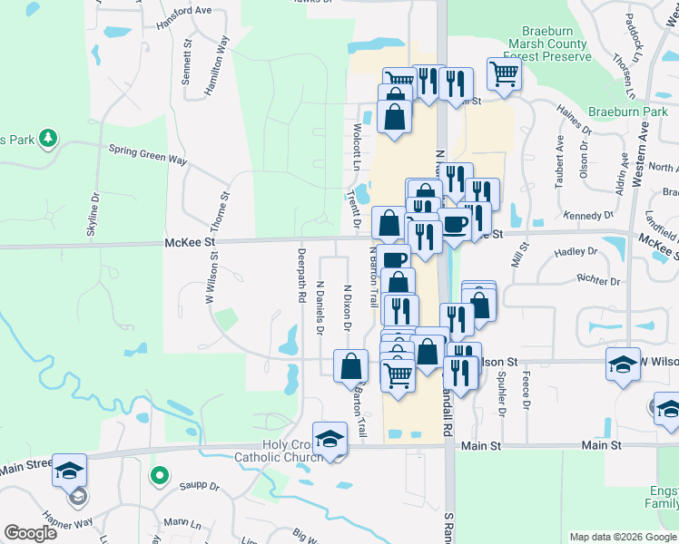 map of restaurants, bars, coffee shops, grocery stores, and more near 153 Dixon Drive in Batavia