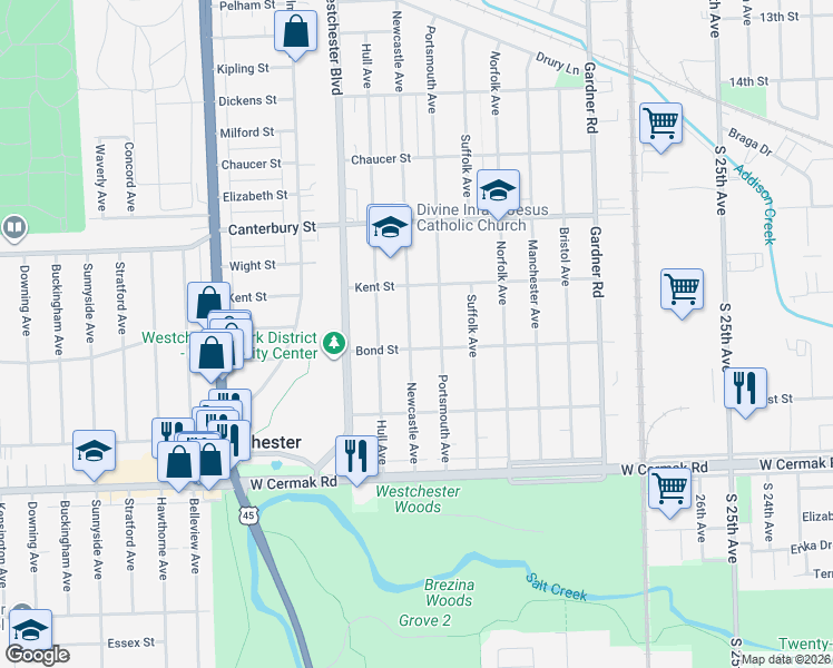 map of restaurants, bars, coffee shops, grocery stores, and more near 1847 Newcastle Avenue in Westchester