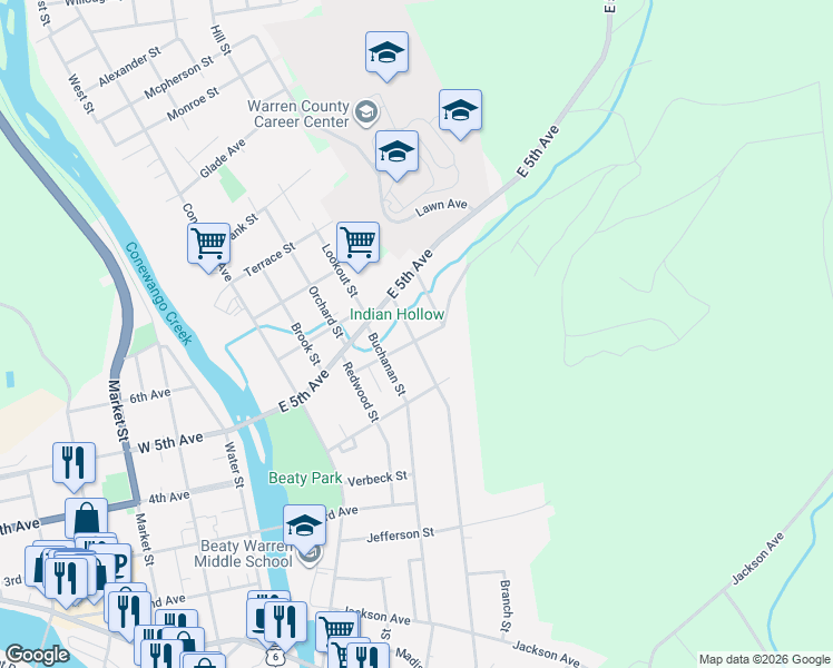map of restaurants, bars, coffee shops, grocery stores, and more near 201 Center Street in Warren