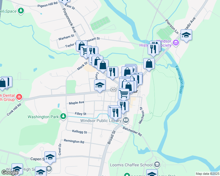 map of restaurants, bars, coffee shops, grocery stores, and more near 50 Bloomfield Avenue in Windsor