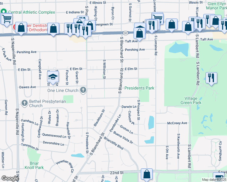 map of restaurants, bars, coffee shops, grocery stores, and more near 1304 South Blanchard Street in Wheaton
