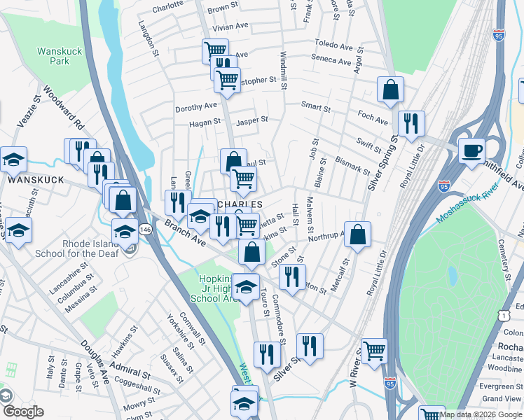 map of restaurants, bars, coffee shops, grocery stores, and more near 29 Carnac Street in Providence