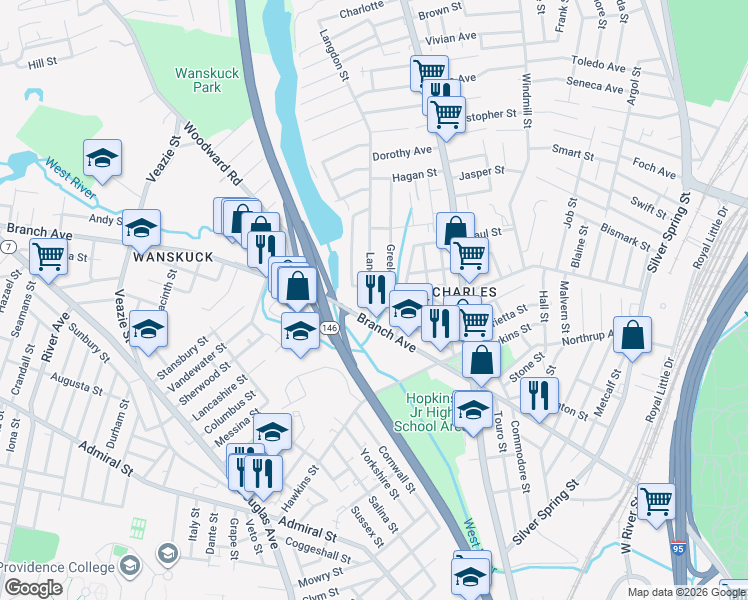 map of restaurants, bars, coffee shops, grocery stores, and more near 27 Langdon Street in Providence