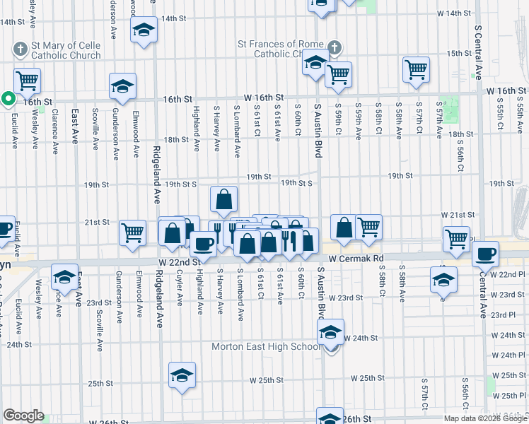 map of restaurants, bars, coffee shops, grocery stores, and more near 1933 South 61st Court in Cicero