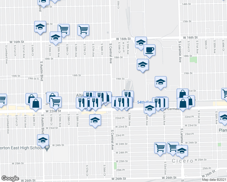 map of restaurants, bars, coffee shops, grocery stores, and more near 1931 South Central Avenue in Cicero