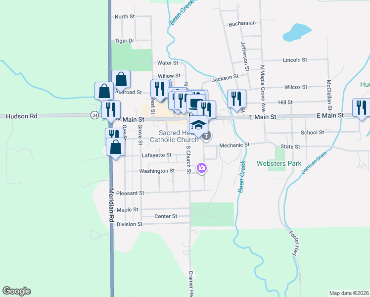 map of restaurants, bars, coffee shops, grocery stores, and more near 218 South Church Street in Hudson