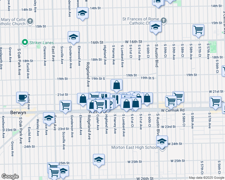 map of restaurants, bars, coffee shops, grocery stores, and more near 1932 South Harvey Avenue in Berwyn