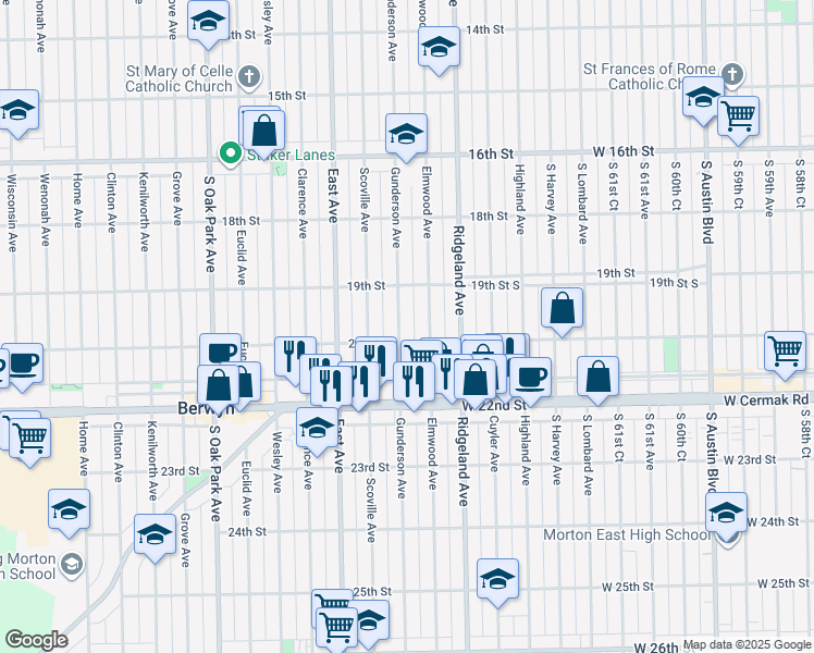 map of restaurants, bars, coffee shops, grocery stores, and more near 1933 Gunderson Avenue in Berwyn