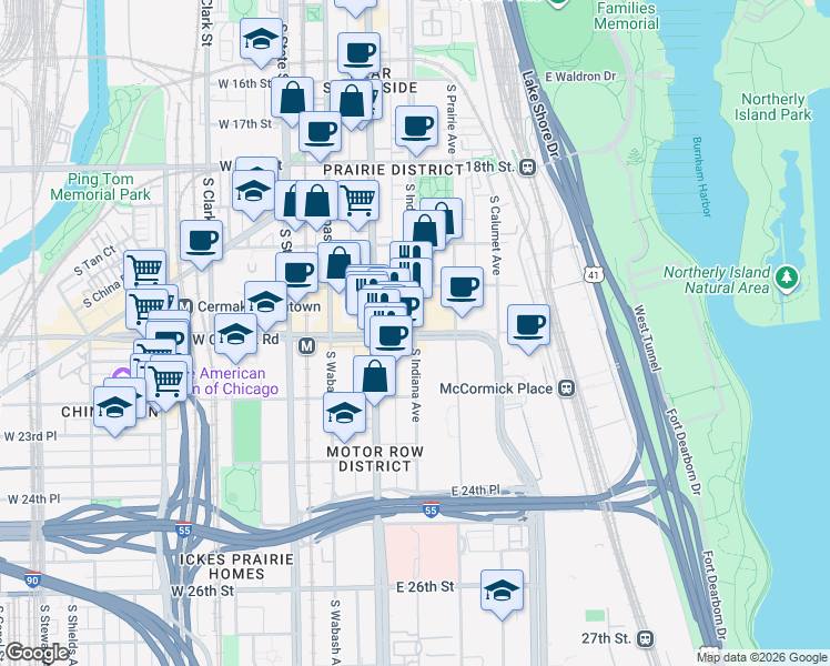 map of restaurants, bars, coffee shops, grocery stores, and more near 2144 South Indiana Avenue in Chicago