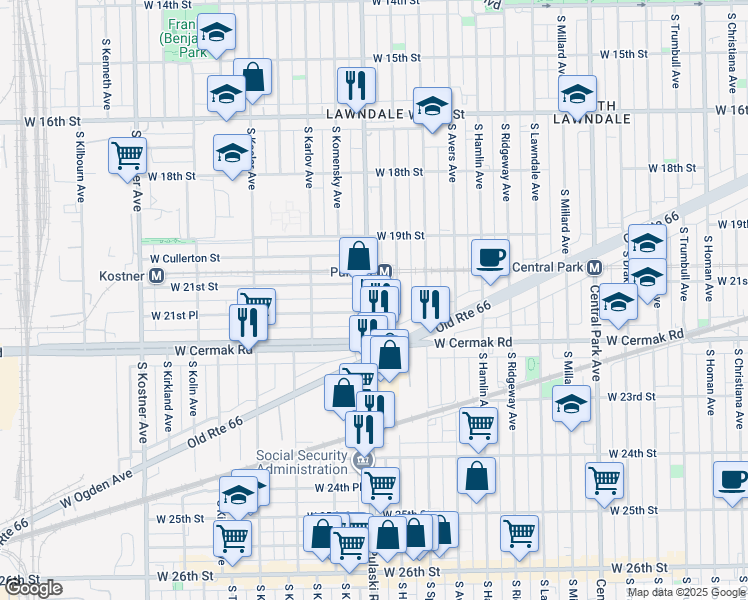 map of restaurants, bars, coffee shops, grocery stores, and more near 2113 South Pulaski Road in Chicago