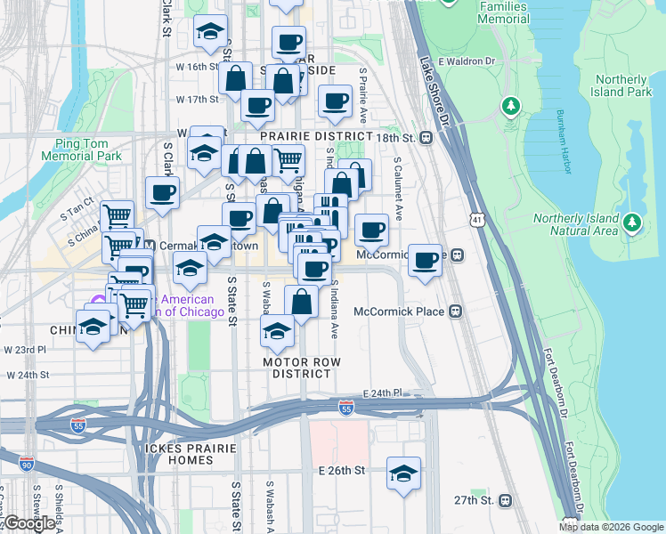 map of restaurants, bars, coffee shops, grocery stores, and more near S Indiana Ave & E Cermak Rd in Chicago