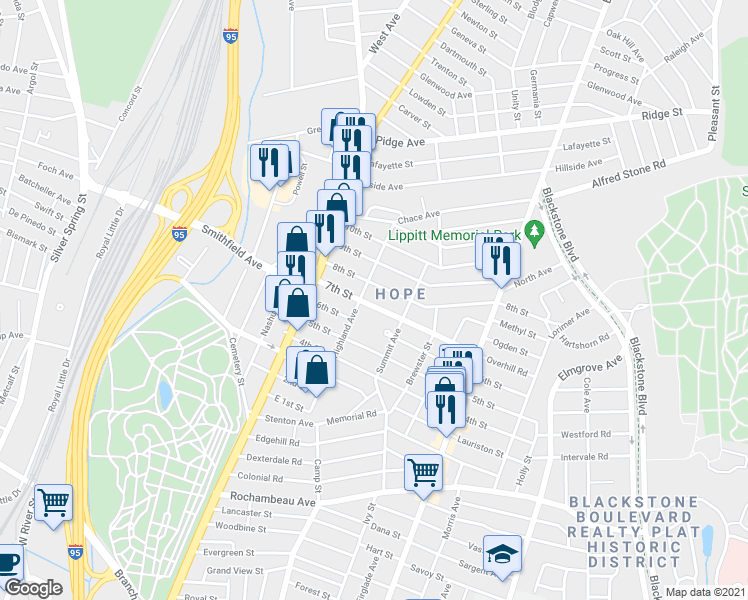 map of restaurants, bars, coffee shops, grocery stores, and more near 52 7th Street in Providence