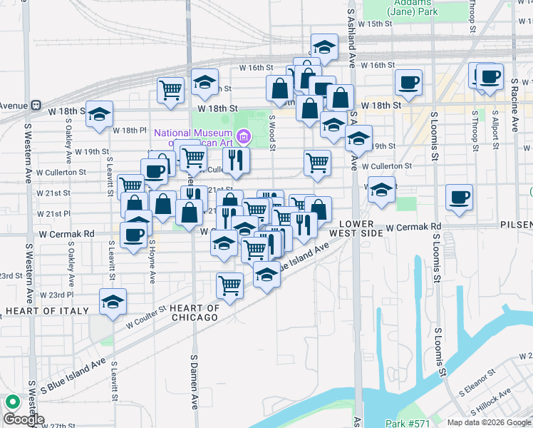 map of restaurants, bars, coffee shops, grocery stores, and more near 1823 West 21st Place in Chicago