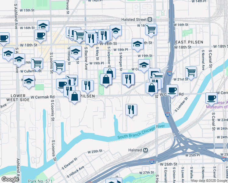 map of restaurants, bars, coffee shops, grocery stores, and more near 2201 South Carpenter Street in Chicago