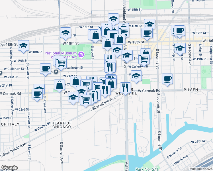 map of restaurants, bars, coffee shops, grocery stores, and more near 1709 West 21st Place in Chicago