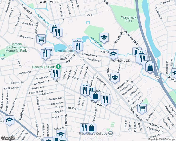 map of restaurants, bars, coffee shops, grocery stores, and more near 228 Sunbury Street in Providence