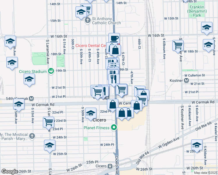 map of restaurants, bars, coffee shops, grocery stores, and more near 2101 48th Court in Cicero