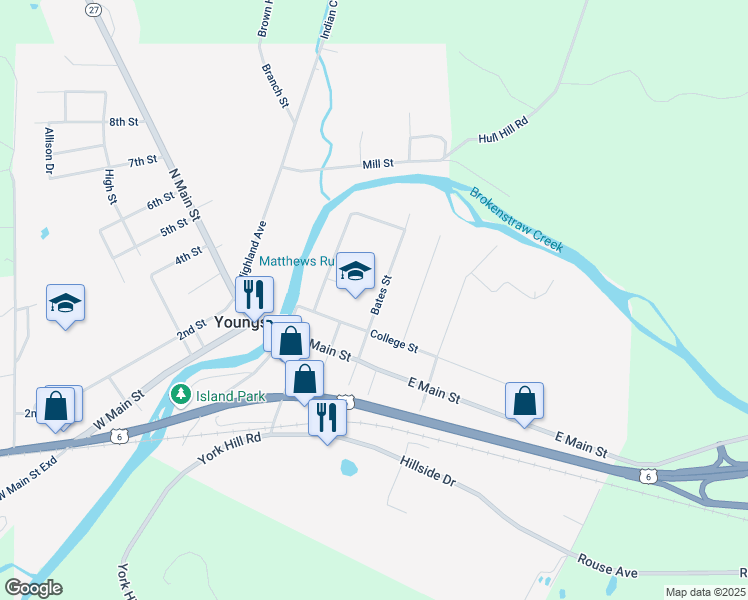 map of restaurants, bars, coffee shops, grocery stores, and more near 127 Bates Street in Youngsville