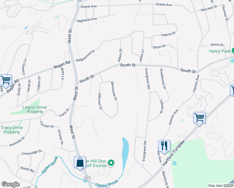 map of restaurants, bars, coffee shops, grocery stores, and more near 56 Glenstone Drive in Vernon