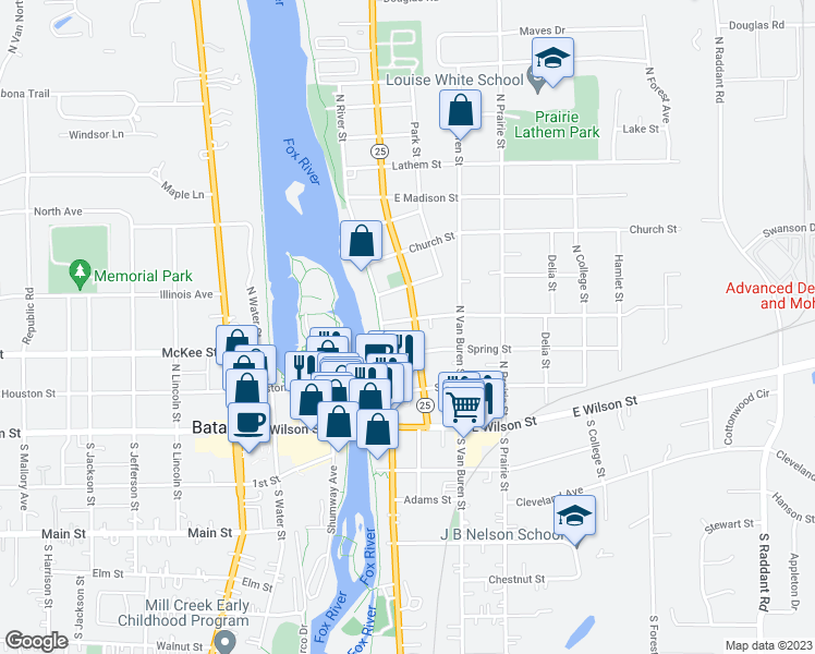 map of restaurants, bars, coffee shops, grocery stores, and more near 227 N Washington Ave in Batavia