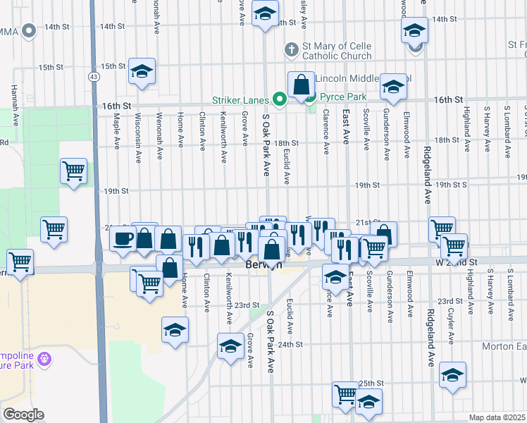 map of restaurants, bars, coffee shops, grocery stores, and more near 1930 Oak Park Avenue in Berwyn