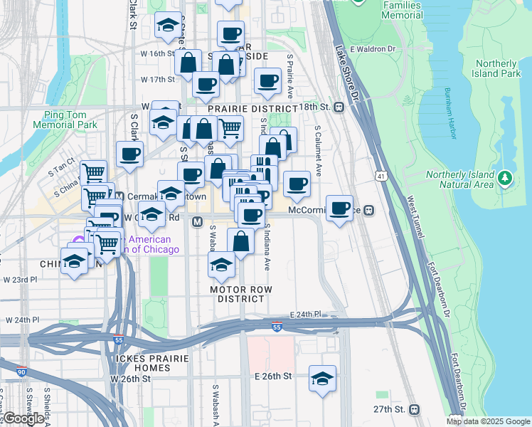 map of restaurants, bars, coffee shops, grocery stores, and more near 200 East Cermak Road in Chicago