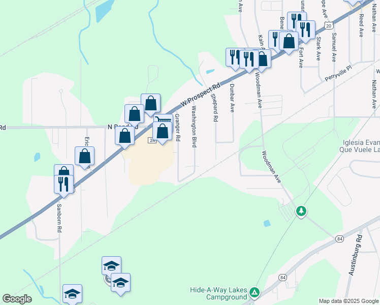 map of restaurants, bars, coffee shops, grocery stores, and more near 5933 Washington Blvd in Ashtabula