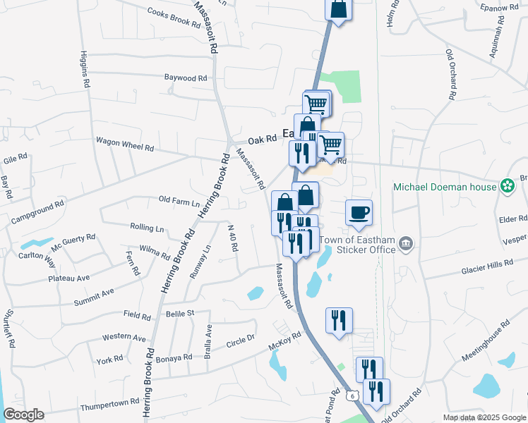 map of restaurants, bars, coffee shops, grocery stores, and more near 325 Massasoit Road in Eastham