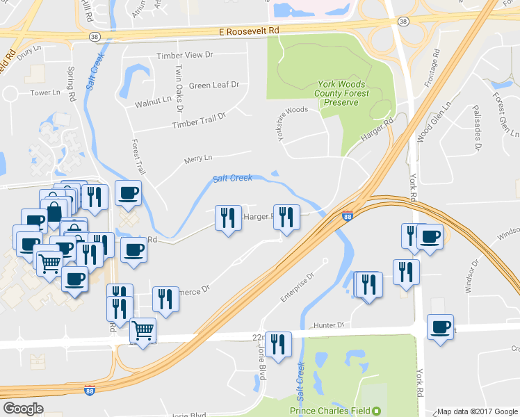 map of restaurants, bars, coffee shops, grocery stores, and more near 805 Coventry Lane in Oak Brook