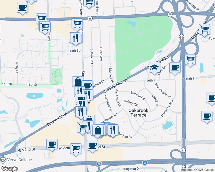 map of restaurants, bars, coffee shops, grocery stores, and more near 17W452 Butterfield Road in Oakbrook Terrace